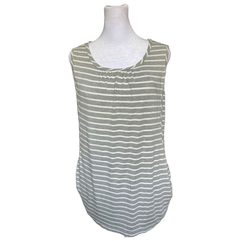 Smallshow Maternity Sleeveless Gray White Striped Flowy Ruched Tank Top. Medium.